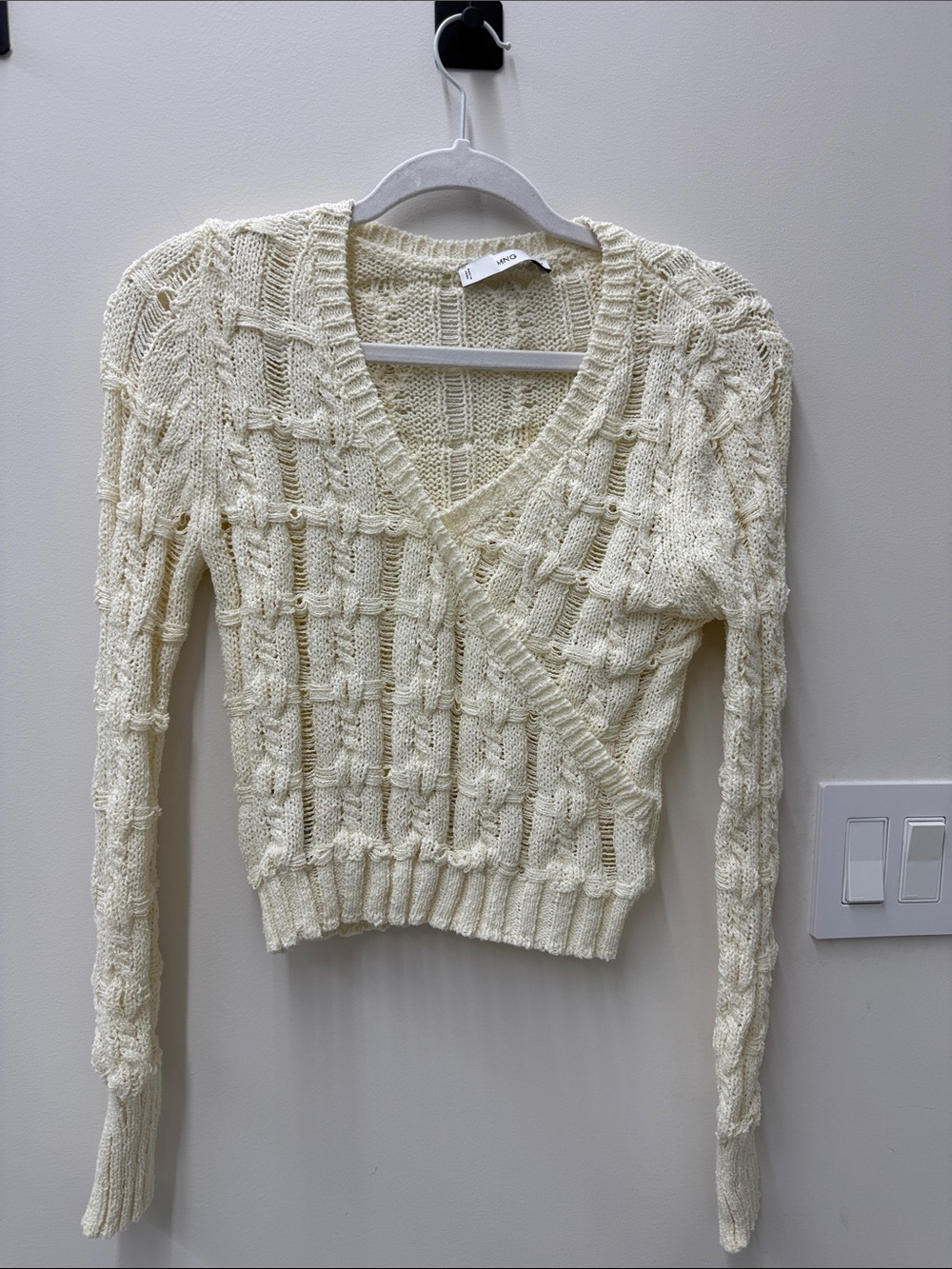 Mango Cream Cable Knit V-Neck Wrap Sweater